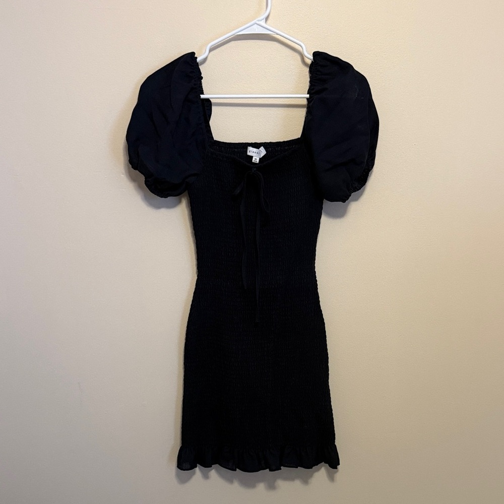 Gianni Bini Navy Puff-Sleeve Smocked Mini with Tie Neck